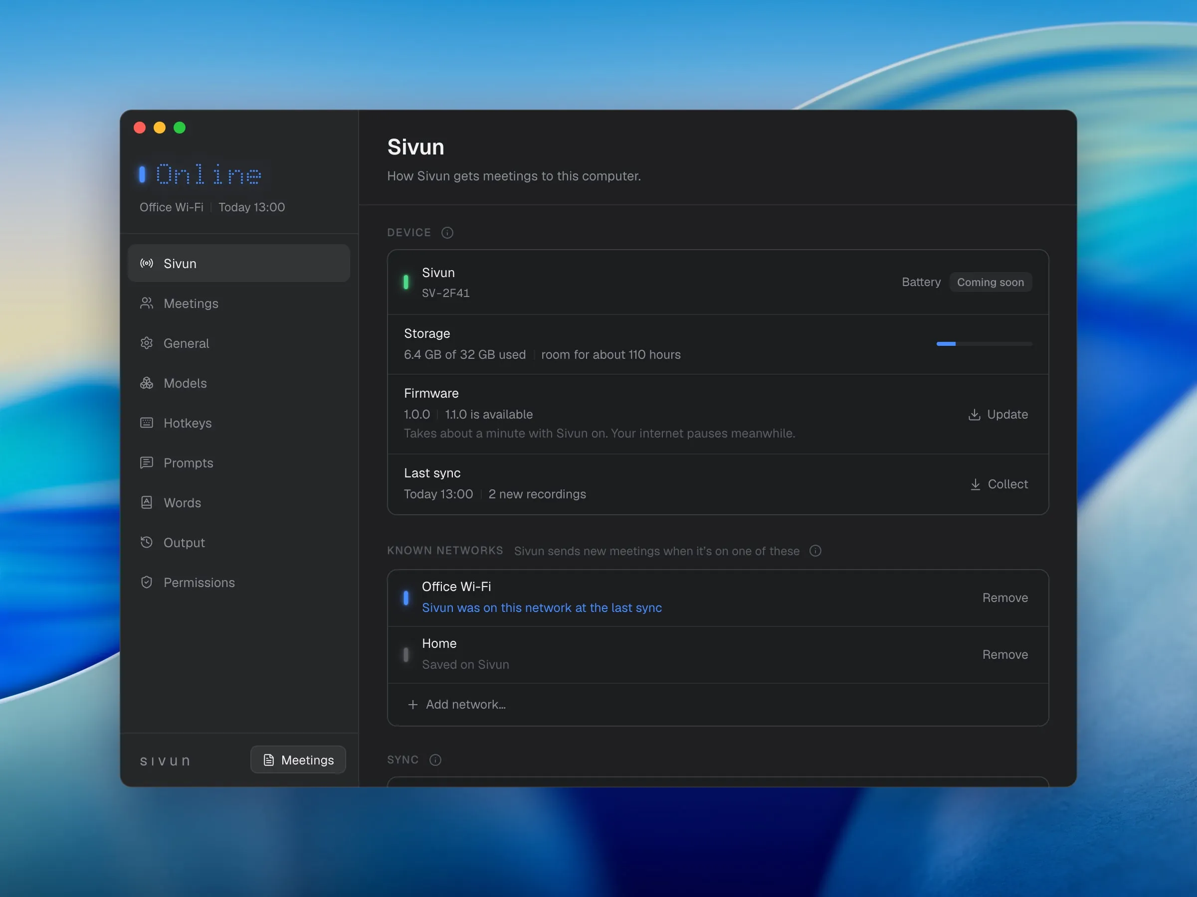 Settings › Sivun: the paired recorder, its storage (6.4 GB of 32 GB used), firmware with an update available, the last sync, and two known networks.