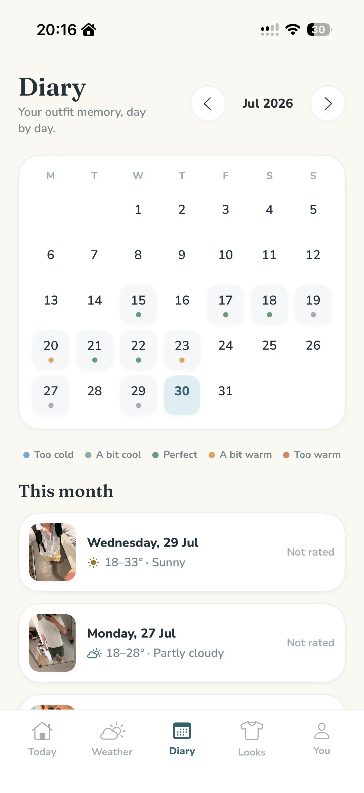 The Diary calendar: a month grid where each logged day carries a small coloured dot keyed to how the outfit felt (from too cold to too warm), with the month’s entries, their weather and photos listed below.