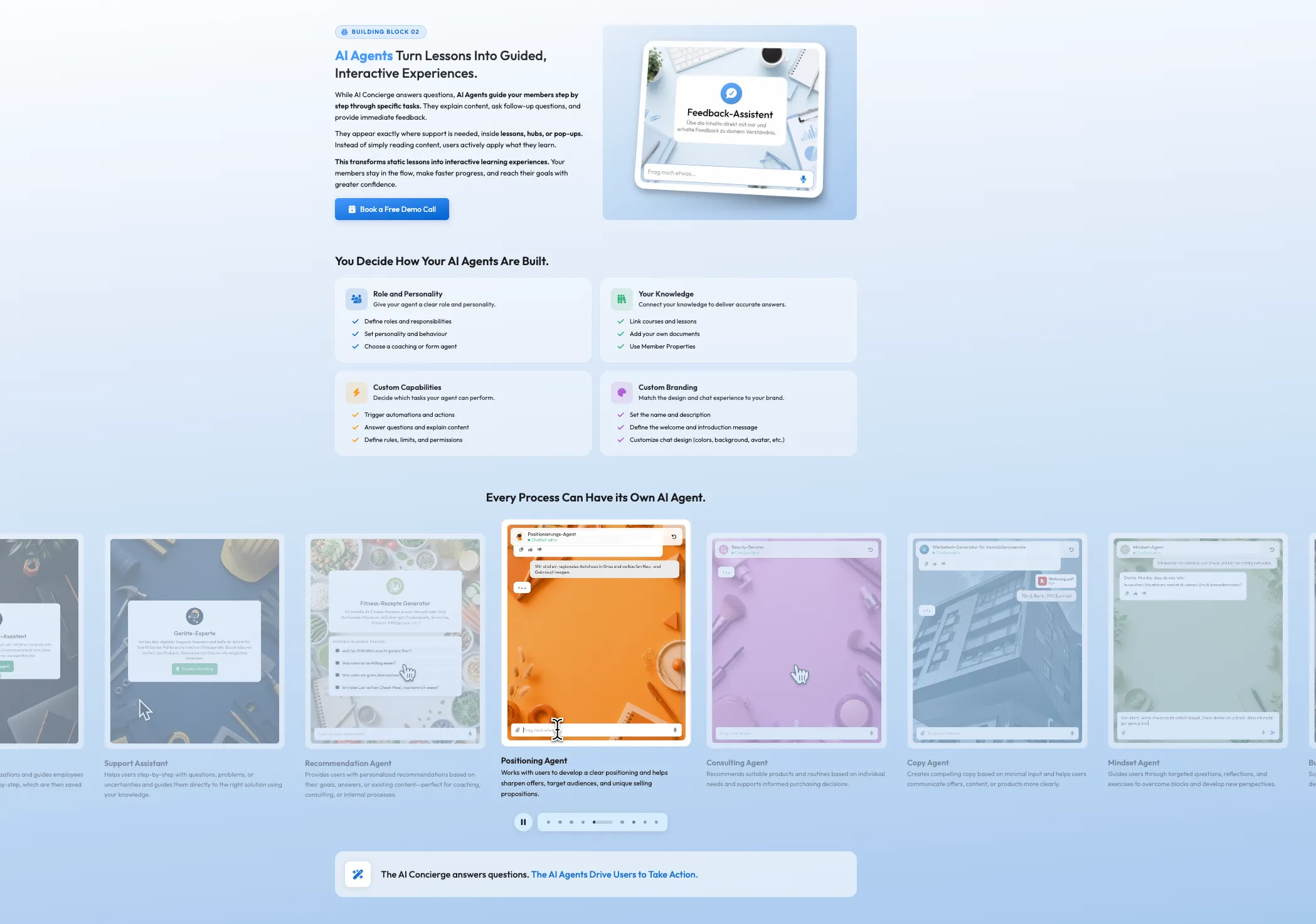 The AI Agents section of the LearningSuite Intelligence page, top to bottom: the headline block with a mocked-up Feedback-Assistent chat window, then a heading reading “You Decide How Your AI Agents Are Built” over four cards — Role and Personality, Your Knowledge, Custom Capabilities, Custom Branding — each listing three things the owner sets, then a scrollable row of nine example agents under “Every Process Can Have its Own AI Agent”.