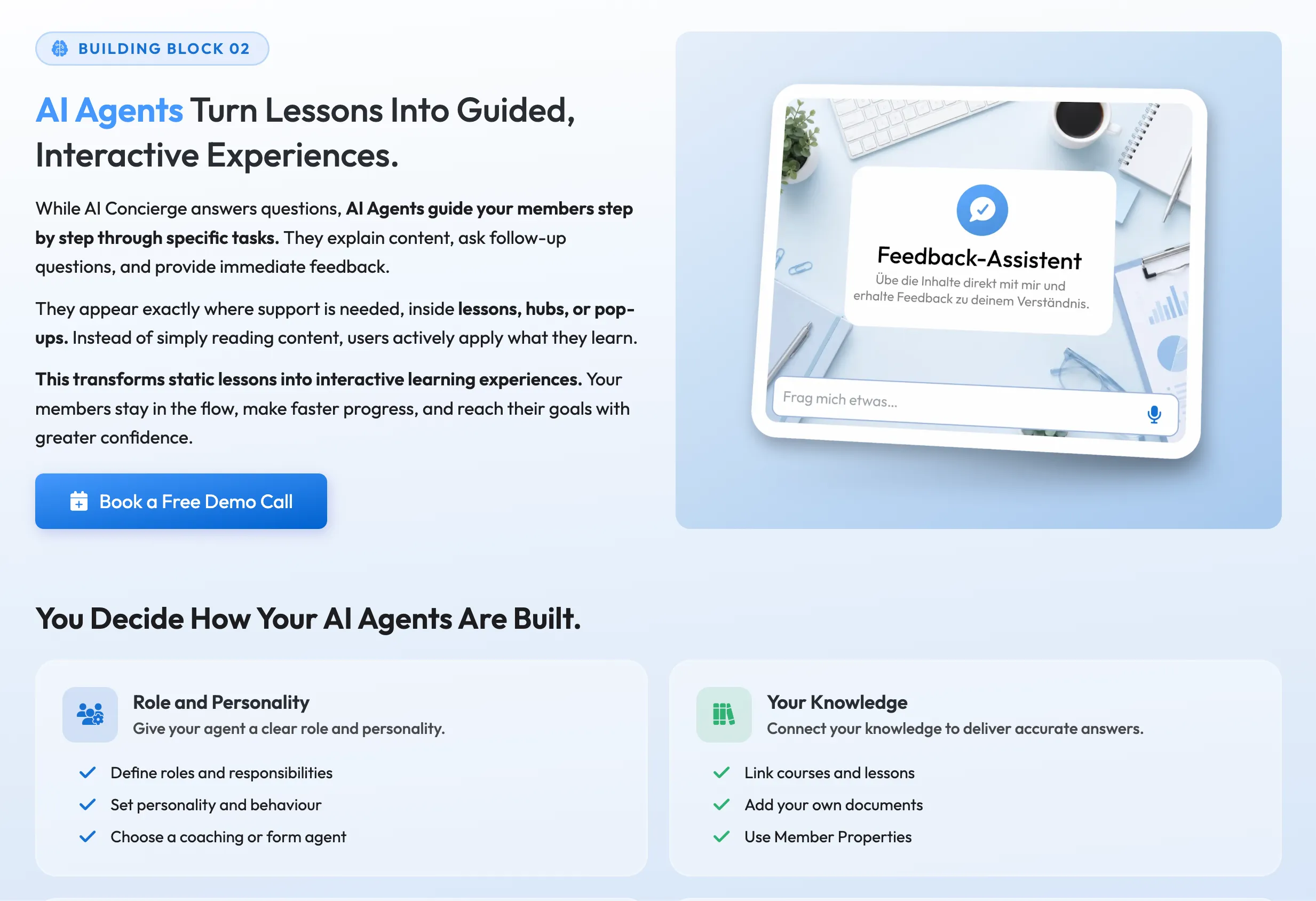 The LearningSuite Intelligence page. A pill reading “Building Block 02”, a headline reading “AI Agents Turn Lessons Into Guided, Interactive Experiences”, three short paragraphs and a demo-call button on the left; on the right, a soft blue panel holding a mocked-up chat window titled Feedback-Assistent with an ask-me-anything field.
