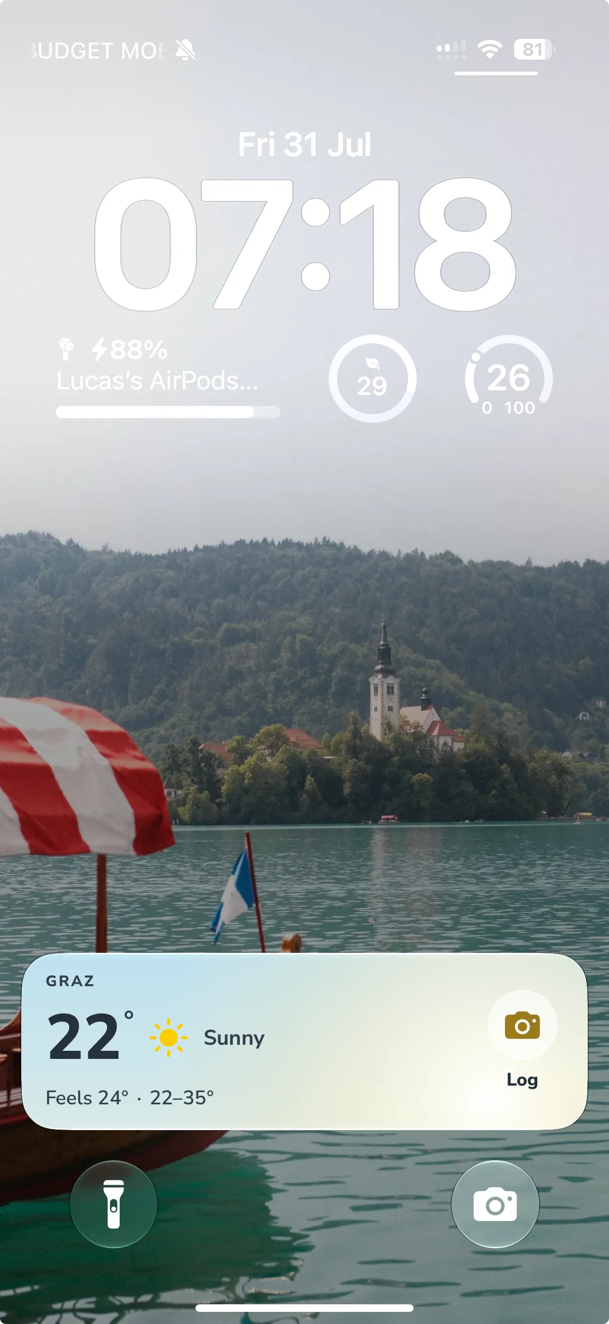 The Layers morning Live Activity on the Lock Screen: today’s weather as the hero, with a one-tap prompt to log the outfit.