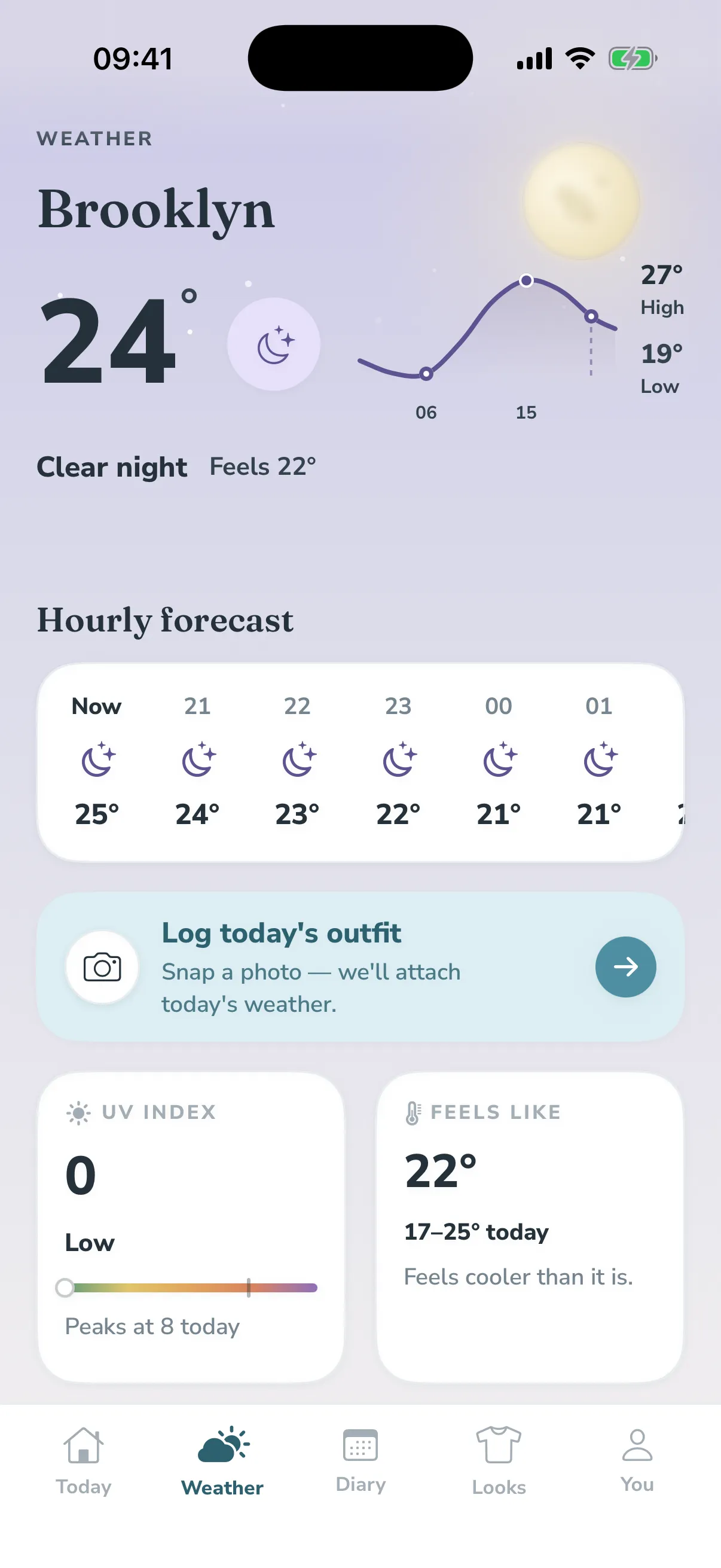The Layers Weather screen at night: a moon glow and scattered stars over a lavender wash, the temperature curve in violet.