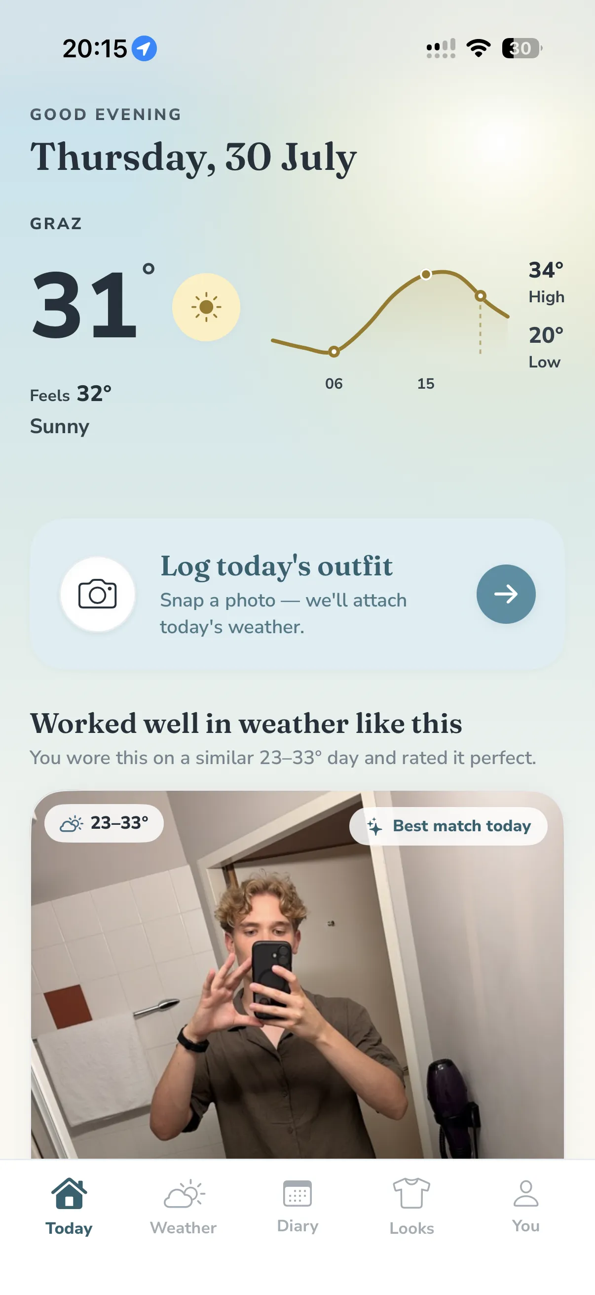 The Layers Today screen: a warm weather header (Graz, 31° and a sun over the day’s temperature curve) above a section headed “Worked well in weather like this”, showing a mirror photo of the outfit worn on a similar 23–33° day, tagged “Best match today”.