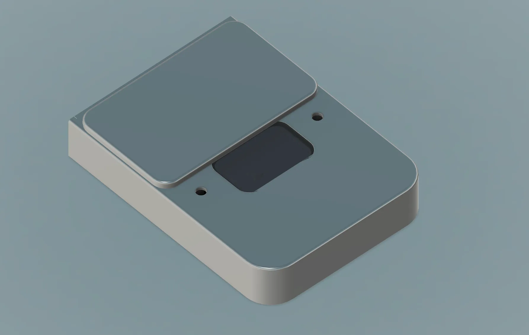 CAD visualization of Sivun V1: a larger rectangular grey box, its sliding cover pushed back to show a dark window.
