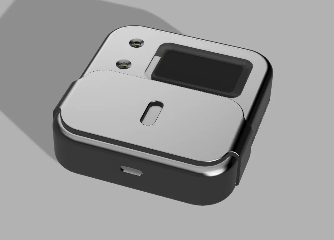 CAD visualization of Sivun V2: a smaller rounded-square body with a chrome sliding cover half open over a small screen.