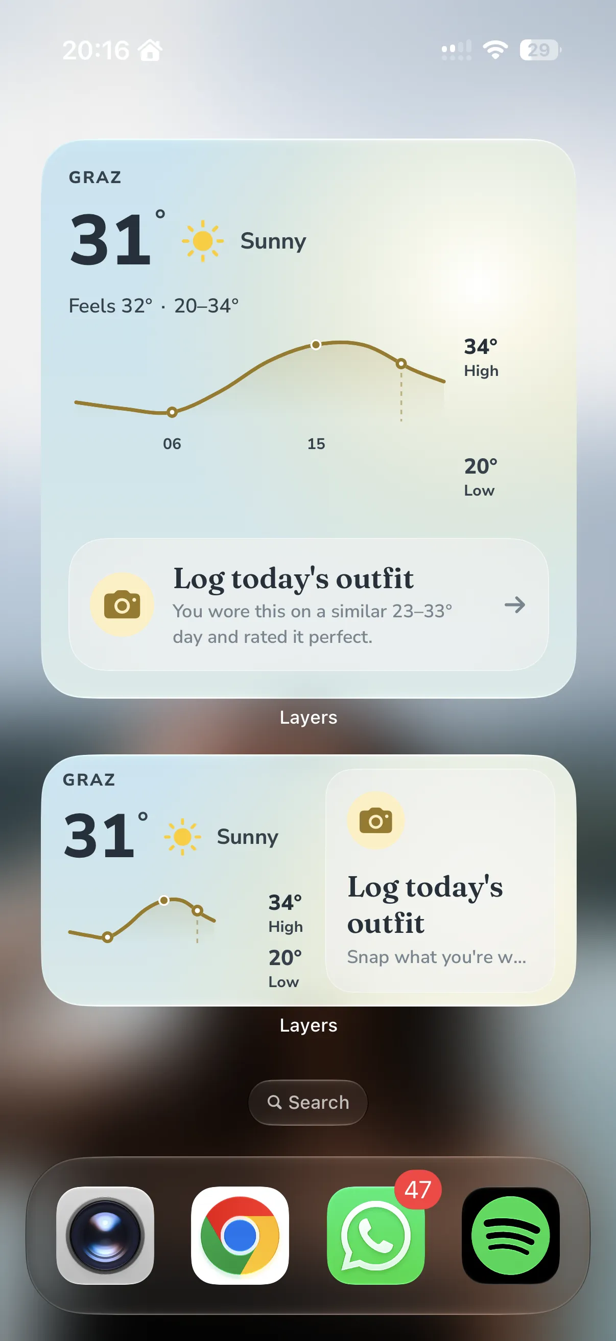 The iOS Home Screen with two Layers widgets: today’s Graz weather and temperature curve, and a “Log today’s outfit, you wore this on a similar 23–33° day and rated it perfect” prompt.